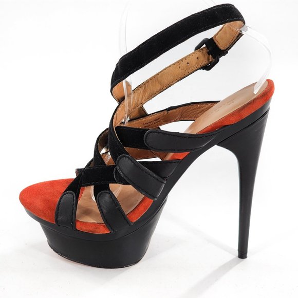 L.A.M.B. Suede Leather Platform Sandals Black Orange NEW - Picture 4 of 10